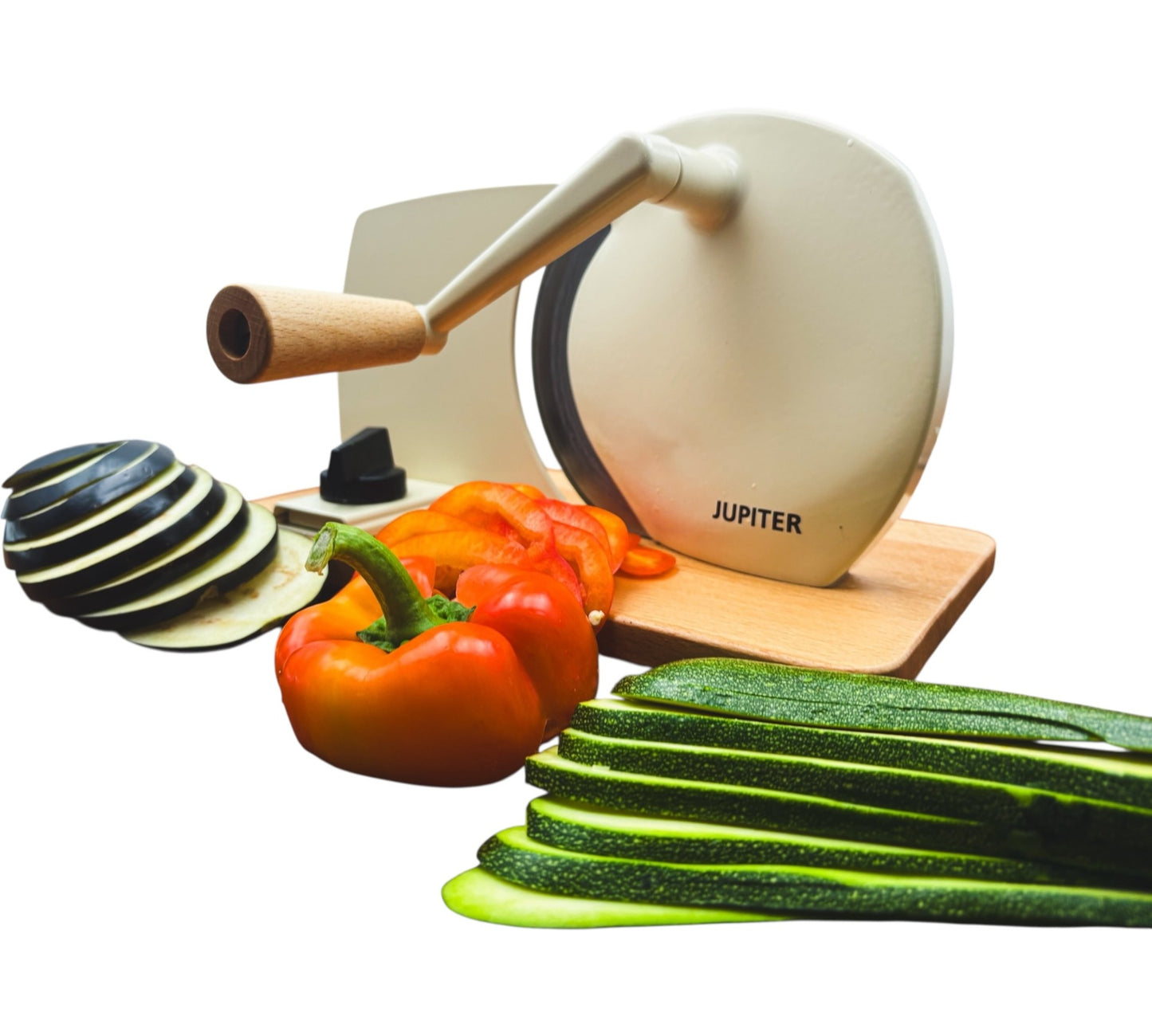 Manueller Allesschneider in der Farbe beige mit geschnittenem Gemü von Jupiter.e